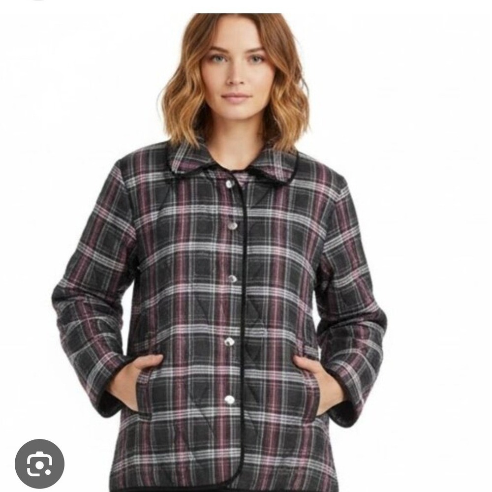 Coach Scotch Plaid Quilted Snap Front Jacket Red Black Tan Womens Size L